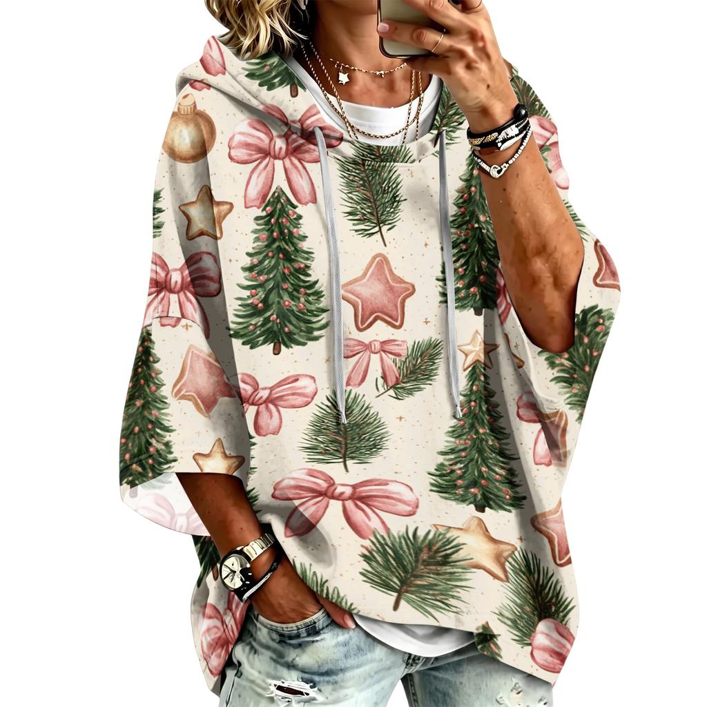 Women's 3/4 Sleeve Christmas Print Hooded Pullover Top Casual Holiday Outfit