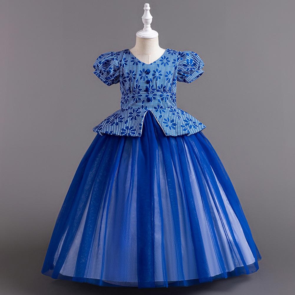 Children's Princess Dresses Thousand Birdie Patchwork Mesh Puffy Long Bubble Sleeve Girls' Stage Performance Dresses  Girl's Favourite Dress
