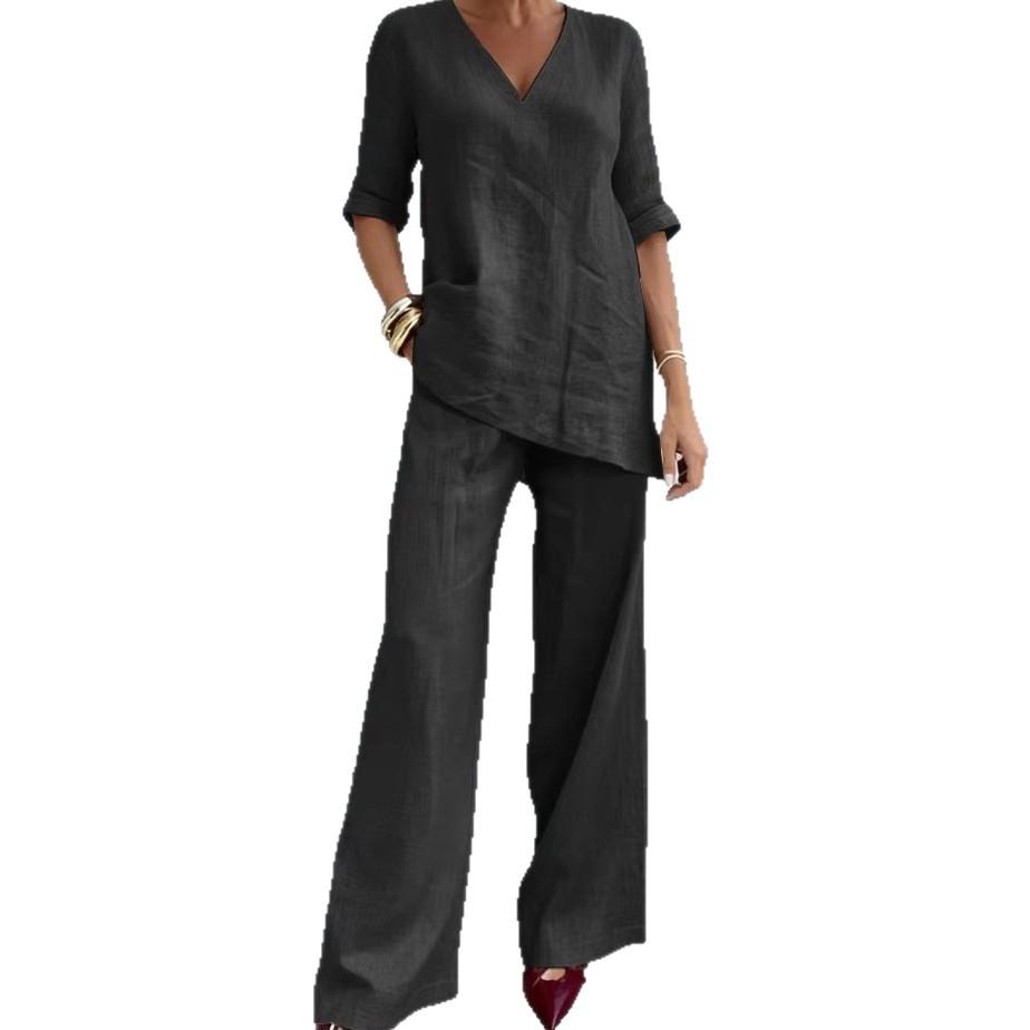 2026 Women's Cotton Linen Solid V-Neck Blouse & Loose Pants Set