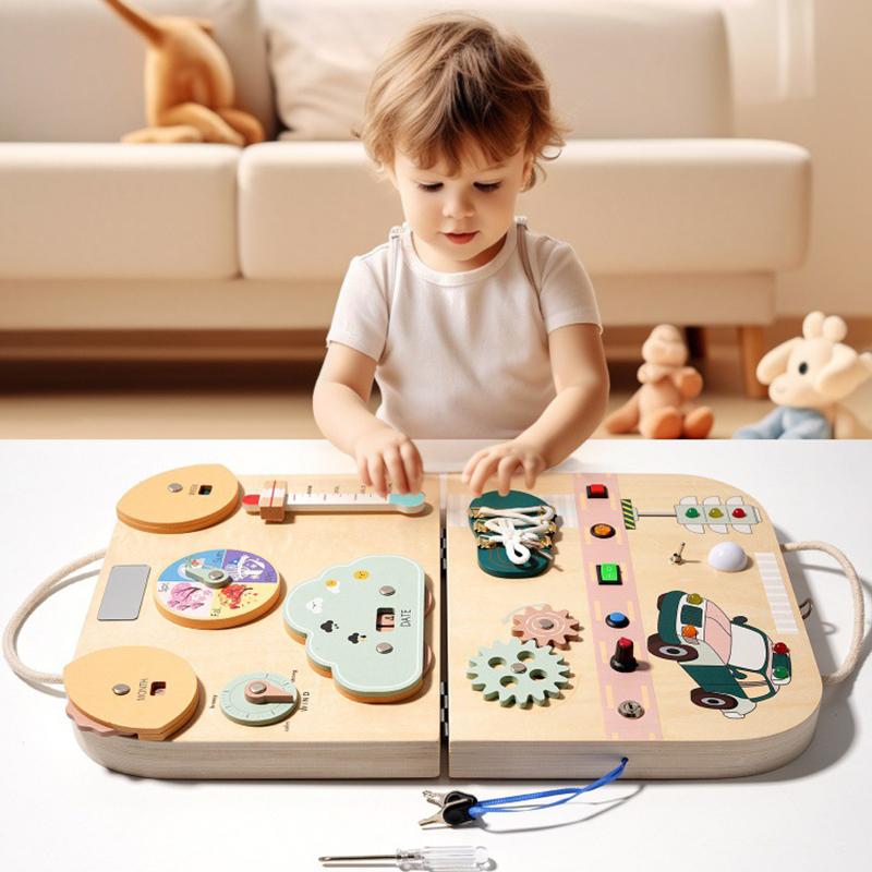 Montessori zaneprázdněná nástěnka LED světlo spínací hračky batole Dřevěná senzorická tabule cestovní hračky ovládání vypínače pro miminka vzdělávací hra