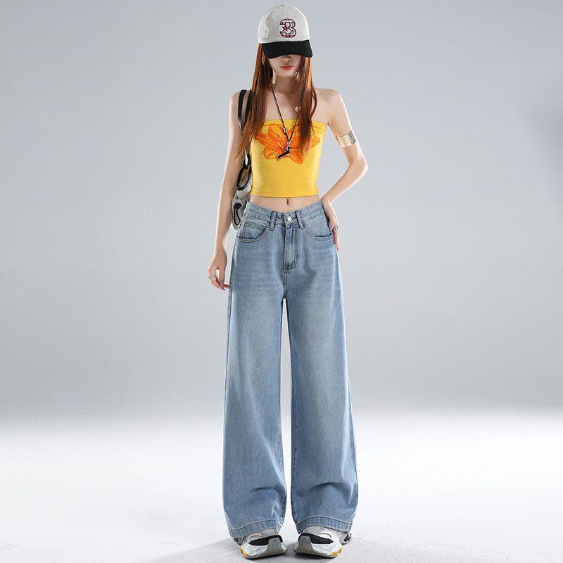Light Blue High Waist Unique Design Relaxed Wide Leg Floor Sweeping Denim Pants Spring Summer For Women Casual Pants Oversize Denim Trousers