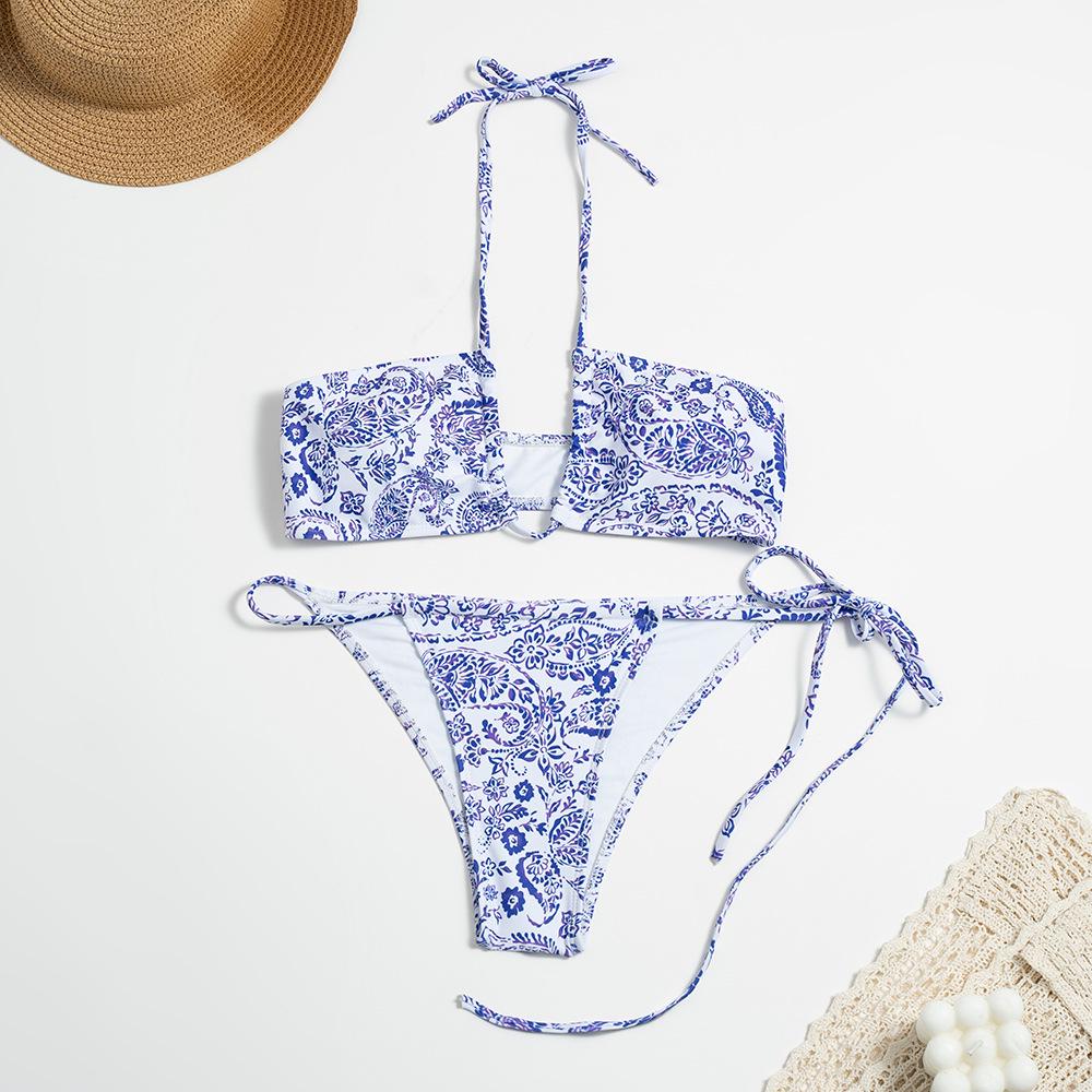 2024 European & American Solid Color Tie-Up Split Swimsuit: Women's Sexy Printed Backless Bikini