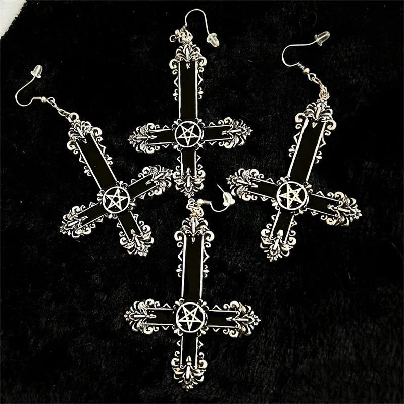 Retro Punk Inverted Cross Five-pointed Star Black Charm Witch Dangle Earrings for Women Gothic Infidels Hallowmas Jewelry Gifts