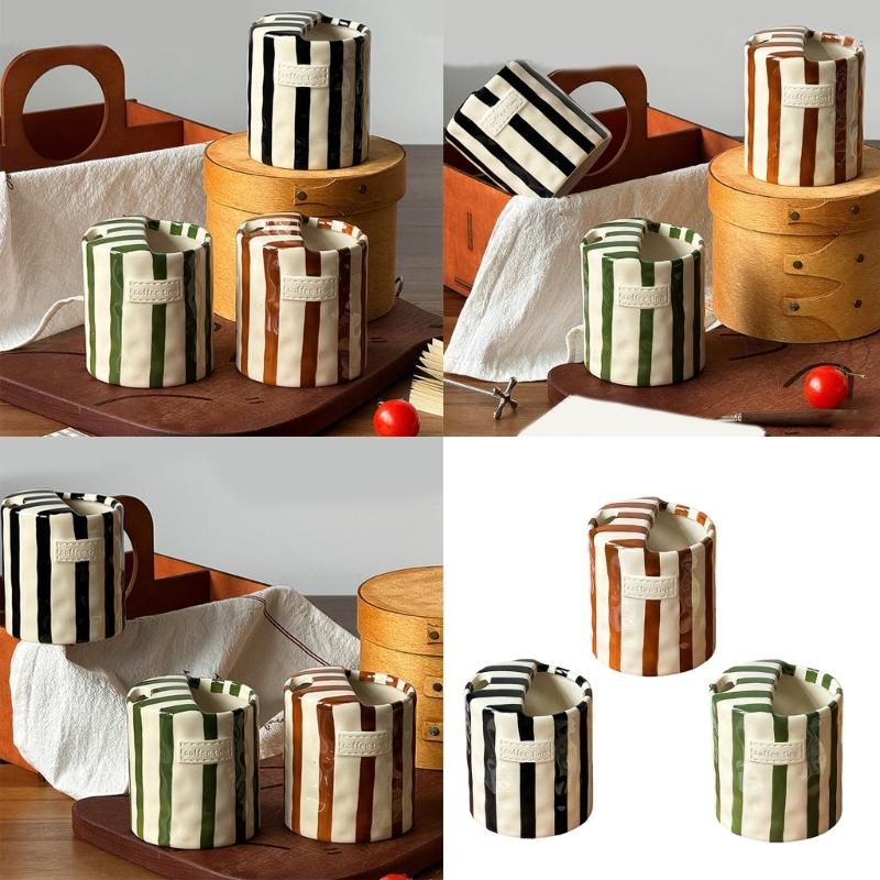 Artystyczny Retro Pasiasty Ceramiczny Kubek do Kawy Ręczny Kubek z Pokrywką do Picia na Mleko Sok do Domu Biura Naczynia do Picia Prezent