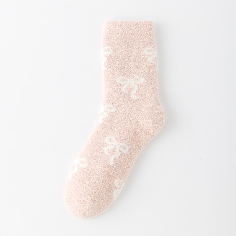 

Женские носки до середины икры из австралийской шерсти для осени и зимы, флисовые утолщенные теплые носки для дома, с бантом, универсальные женские носки для дома 1 pair розовый