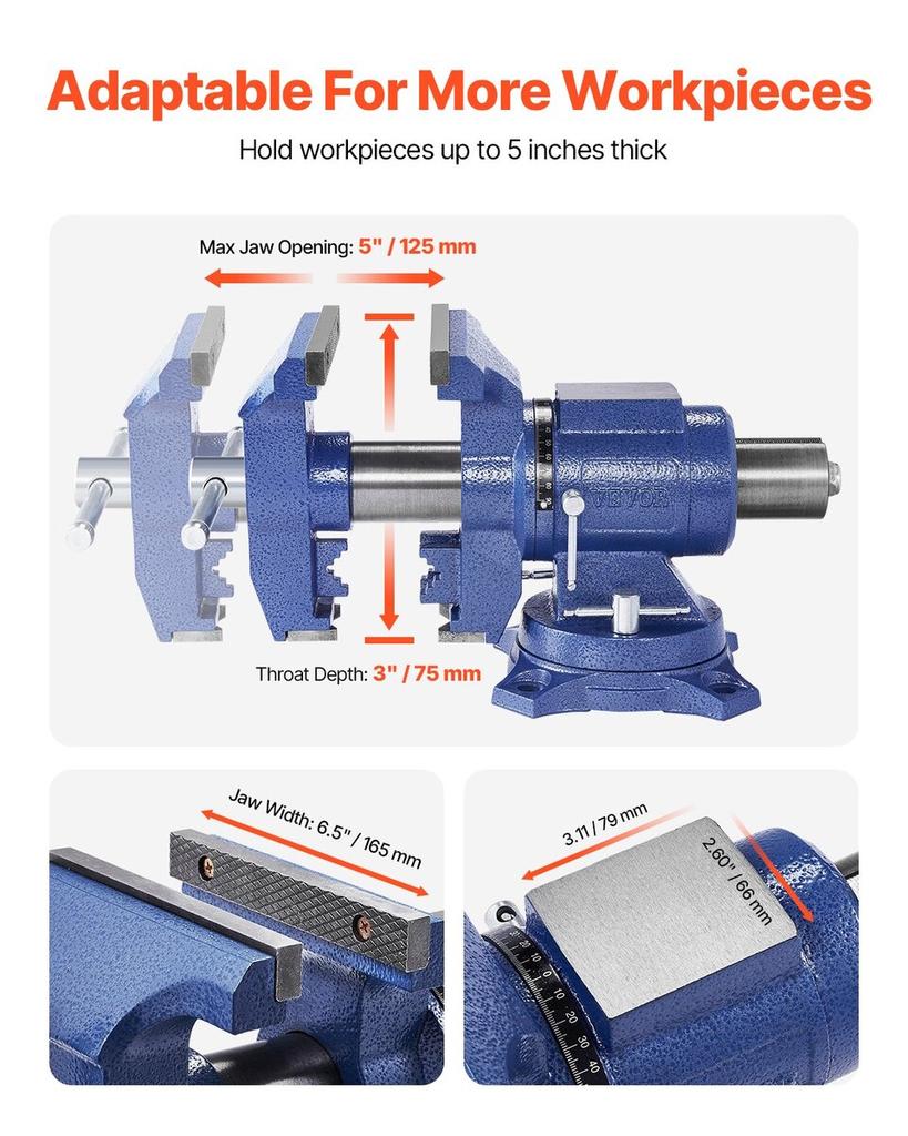 6-1/2" Multi-Purpose Bench Vise Heavy Duty Ductile Iron 360° Swivel Base