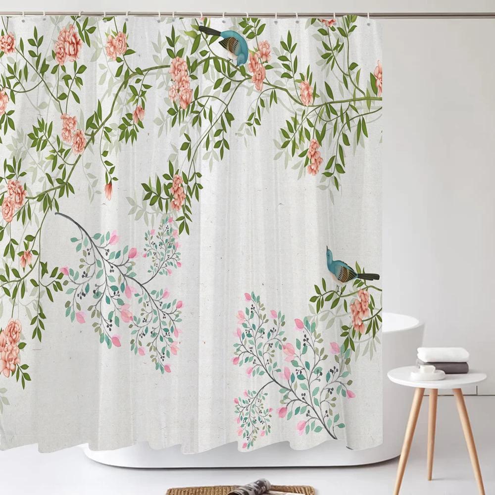 Chinese Style Flower And Bird Landscape Shower Curtain Waterproof Bathroom Curtain Bath Curtains Fabric 3D Printed With Hooks