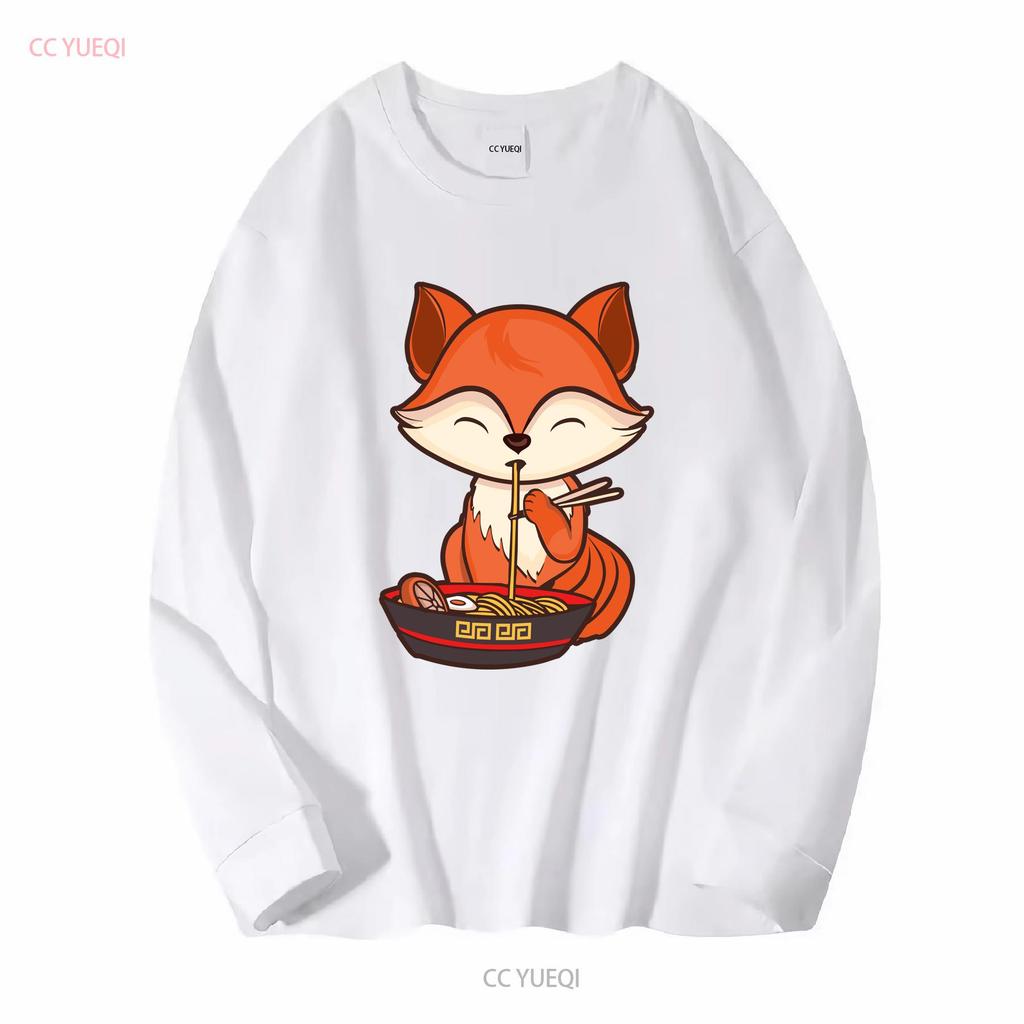 Fox Eating Ramen Kawaii T Shirt Japanese Cute Lovely Long or Short Sleeves Vintage Washed Unisex Casual Slightly Versatile