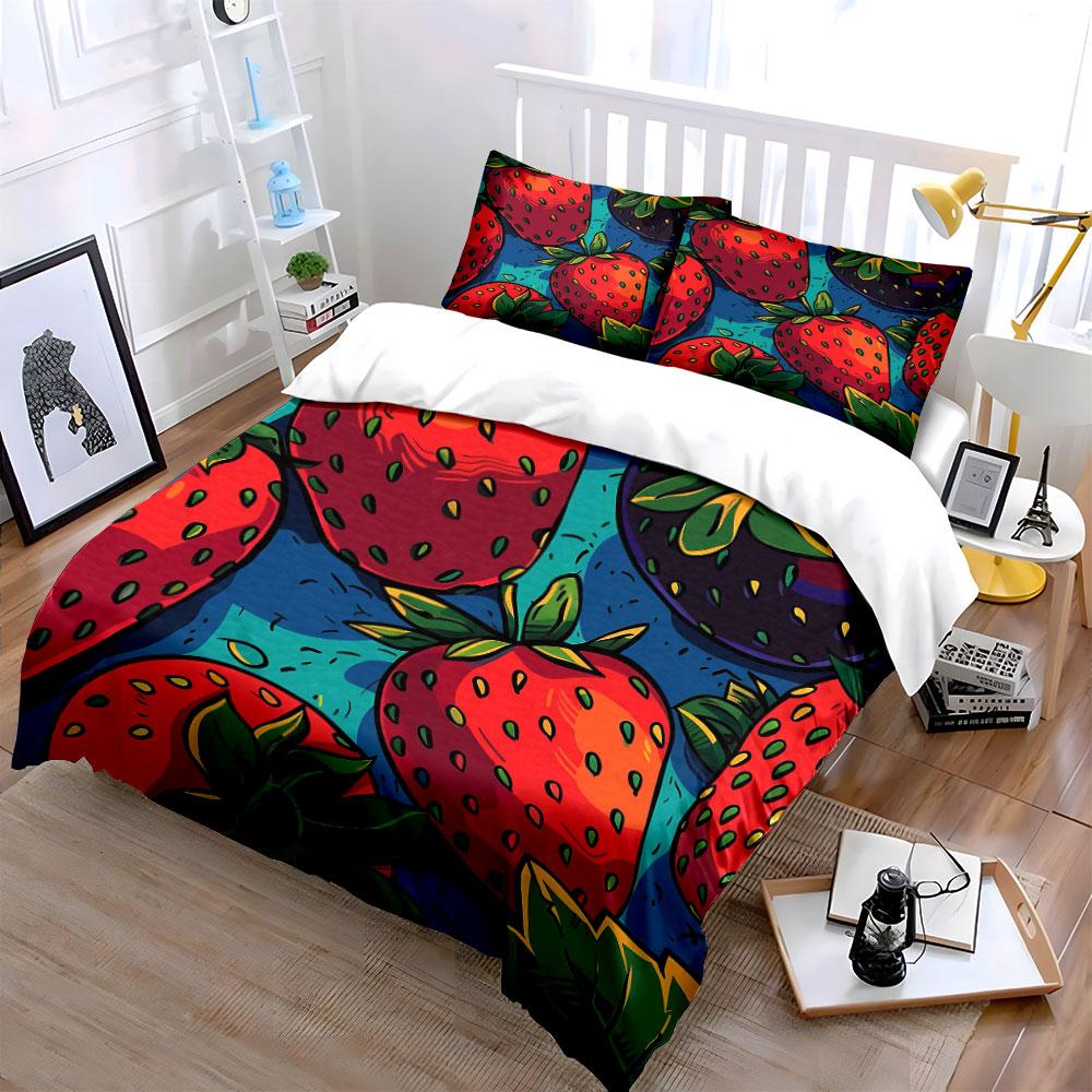 3Pcs Bold Outline Red Strawberry Duvet Cover Set Teal Background Fruit Kids Bedding with 1 Duvet Cover 2 Pillowcases Gift