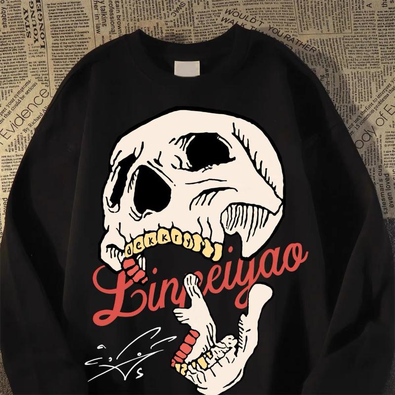 

Американский Хип-хоп Красивая Тяжелая Футболка Мужская Осень Зима Уличная Принт Черепа Свободные Топы с Длинным Рукавом Модные S чёрный