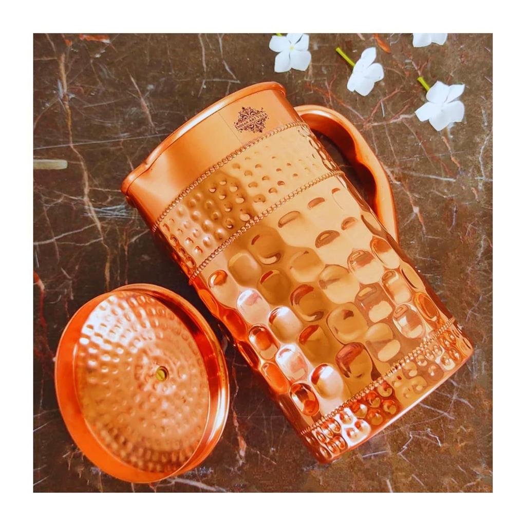 Pure Copper Jug/Pitcher with Diamond Hammered Beeding Design, Drinkware & Storage Purpose, Volume-1500 ML