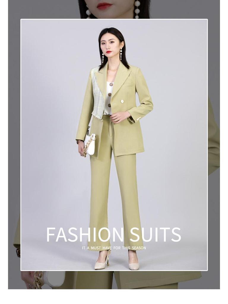 Elegant Green Women's Double-Breasted Woven Suit - Long-Sleeved, Slimming, Perfect for Spring and Autumn