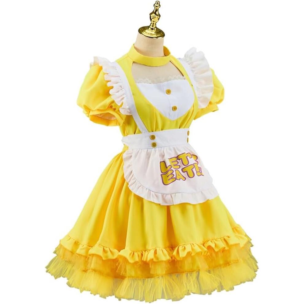 (Medium) Chica Cosplay Costume Women Yellow Maid Lolita Apron Sweet Cute Fancy Dress Halloween Outfit