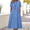 Women's Solid Round Neck Short Sleeve Button Decorative Waist Pocket Dress Pocket Dress