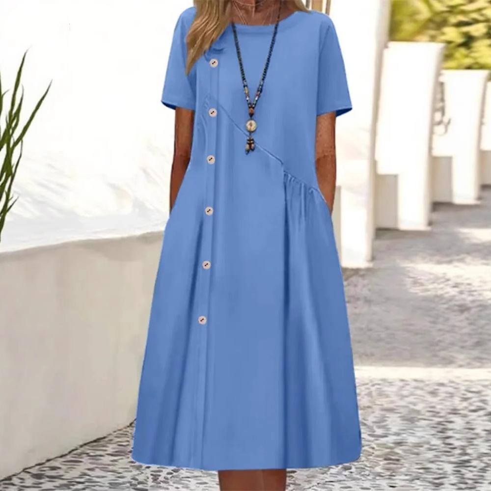 

Casual Dress Buttoned Decorative Pocketed Dress European Relaxed Midi-Length Dresses Flowing Fitted Vacationwear Dress S небесно-голубой