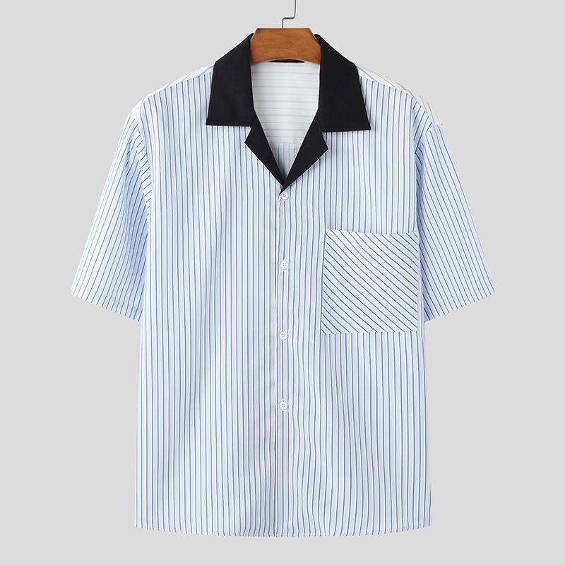 

INCERUN Men Summer Oversized Short Sleeve Patchwork Striped Buttons Casual Shirts Tops 2XL синий