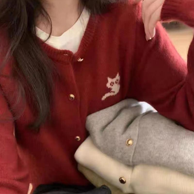 Grey Round Neck Wool Cardigan Jacket for WomenLoose Kitten Knitted Sweater Short Style