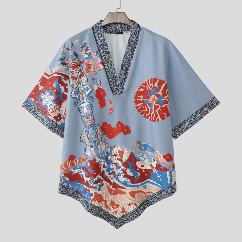 

INCERUN Мужские футболки оверсайз с V-образным вырезом, рукавом «летучая мышь», принтом, асимметричные, повседневные 5XL