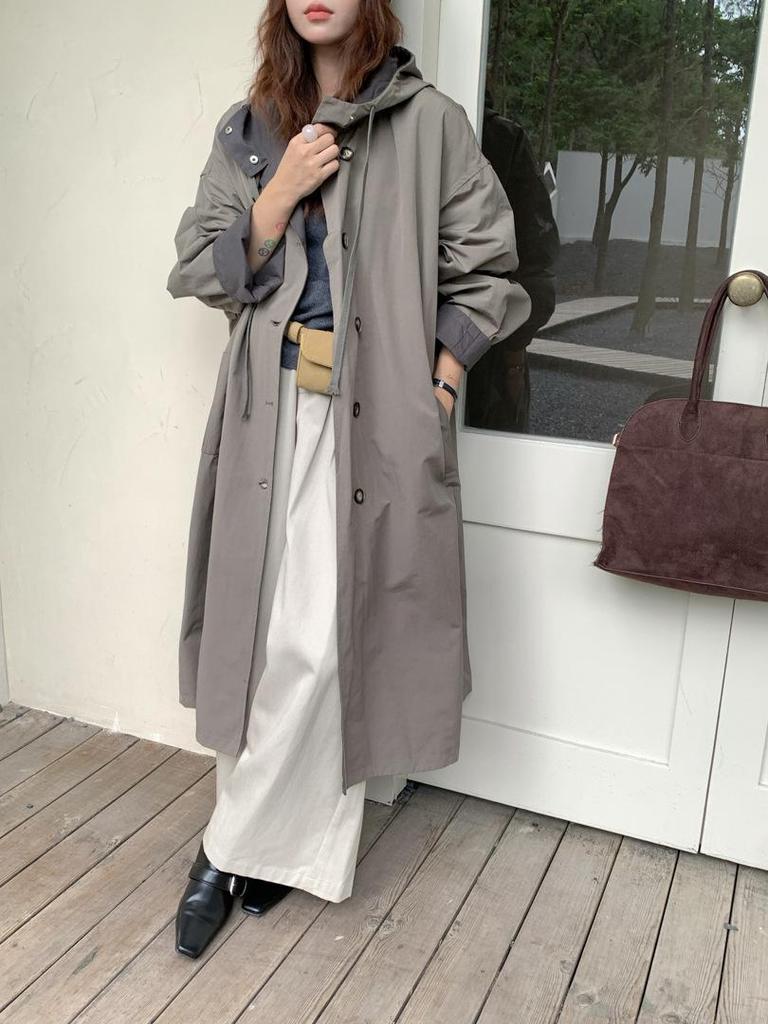 Women's Retro Miu-Style Colorblock Hooded Trench Coat with Stand-up Collar, 2025 Autumn Collection