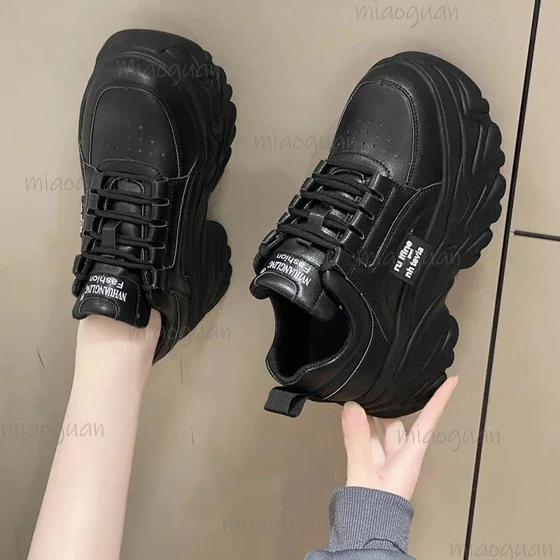 Fashion White Black Chunky Sneakers Women Spring Autumn Thick Bottom Shoes Woman Fashion PU Leather Platform Casual Sneakers Ladies