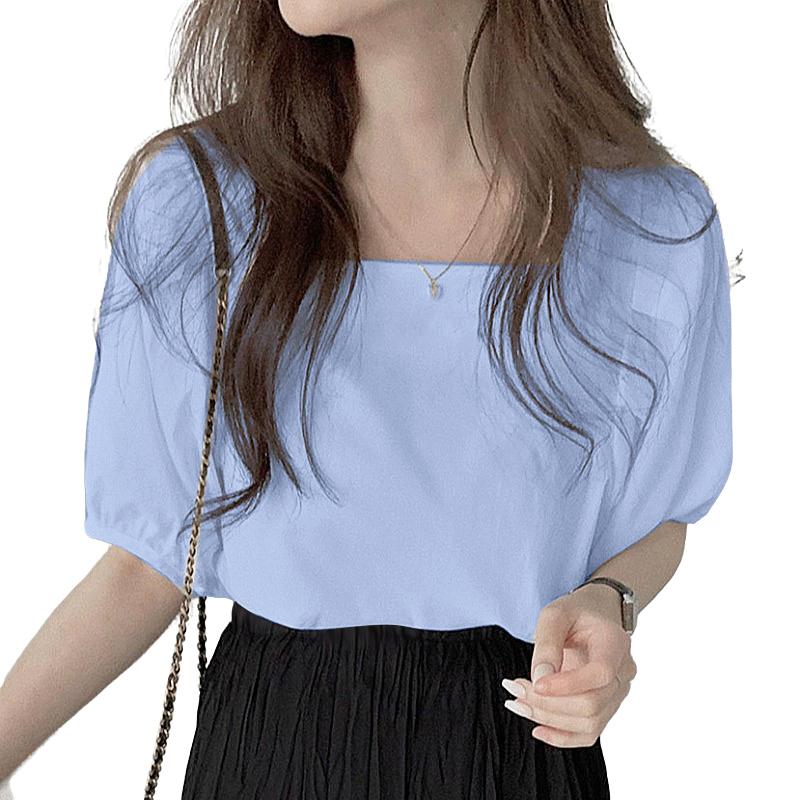 

ZANZEA Женская летняя блузка с квадратным вырезом, повседневная, с коротким рукавом L синий