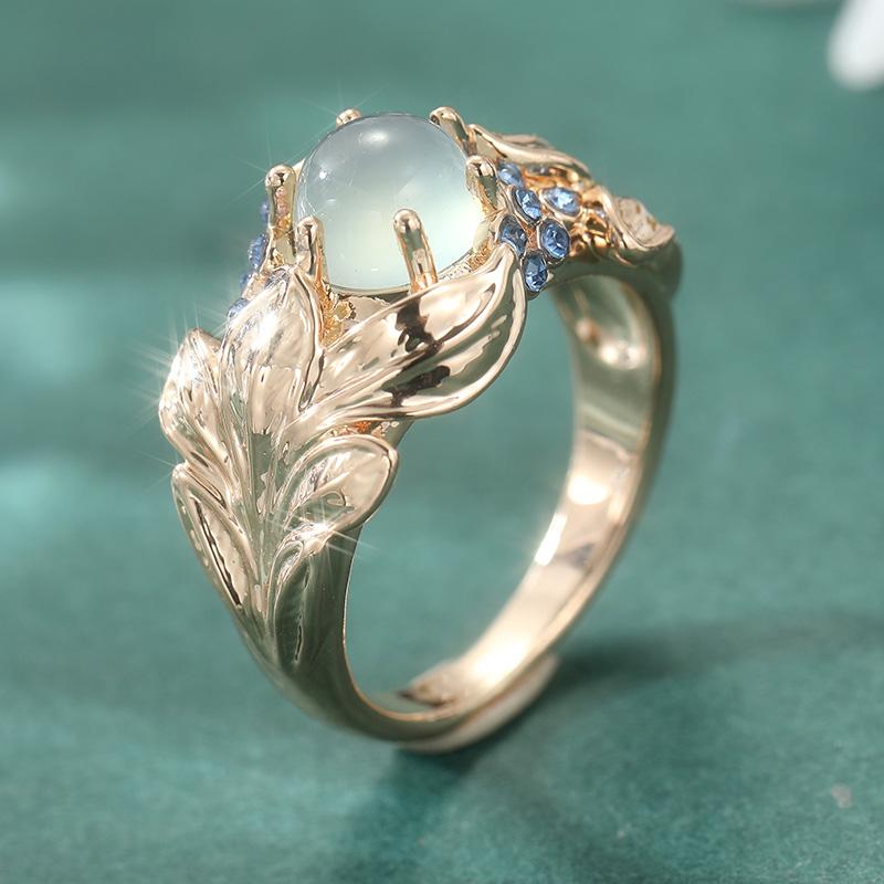 Gorgeous Inlaid Blue CZ Women's Ring Aesthetic Gold Color Hand Carving Leaf Daily Wear Party Jewelry Anniversary Gift