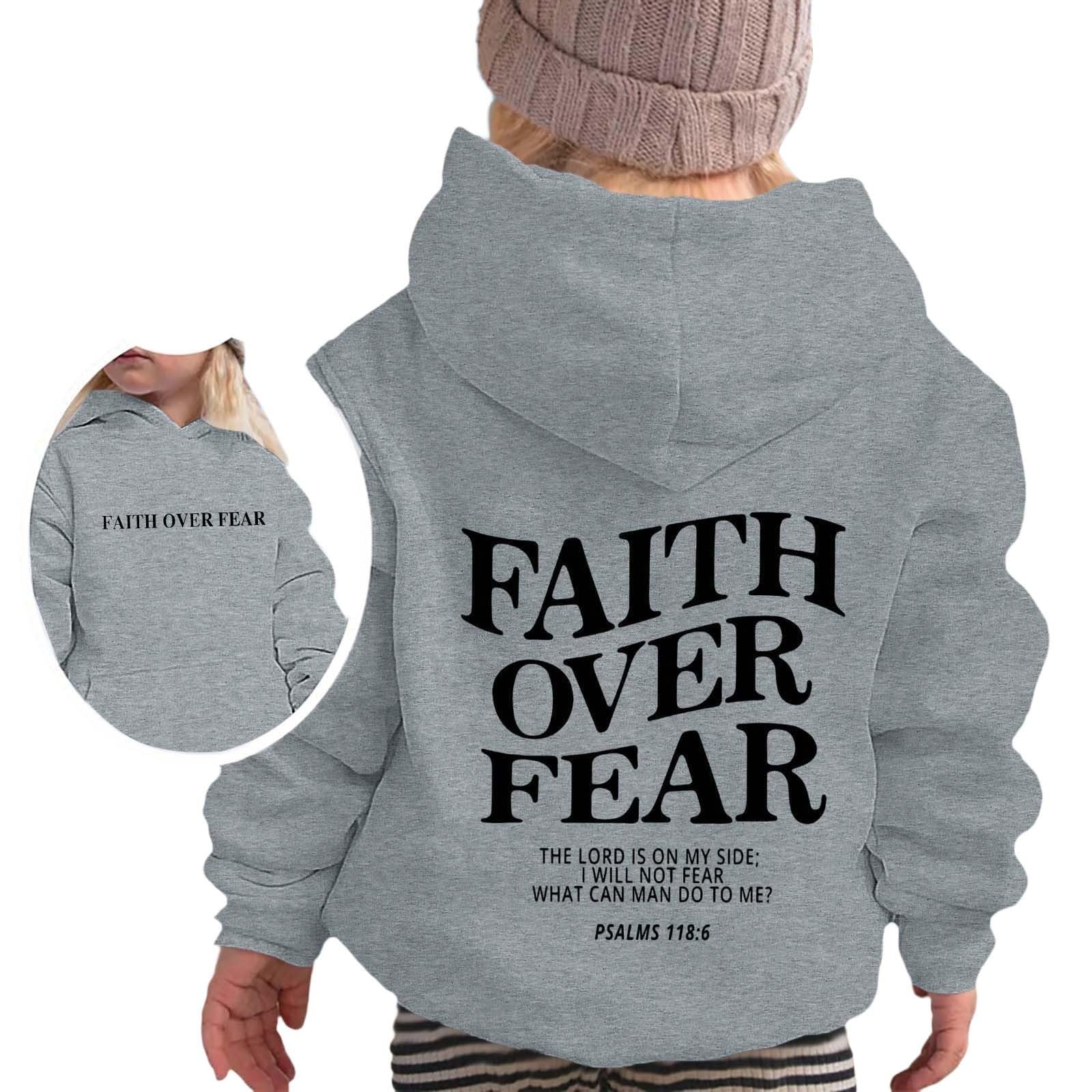 

Kids Hoodie Sweatshirt Faith Over Fear Pullover Lightweight Hooded Top with Front Pocket and Long Sleeves for Casual Wear 130