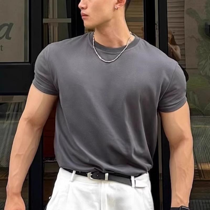 Mens Solid Color American Style Casual Fitness Quick Dry Short Sleeve Base T Shirt
