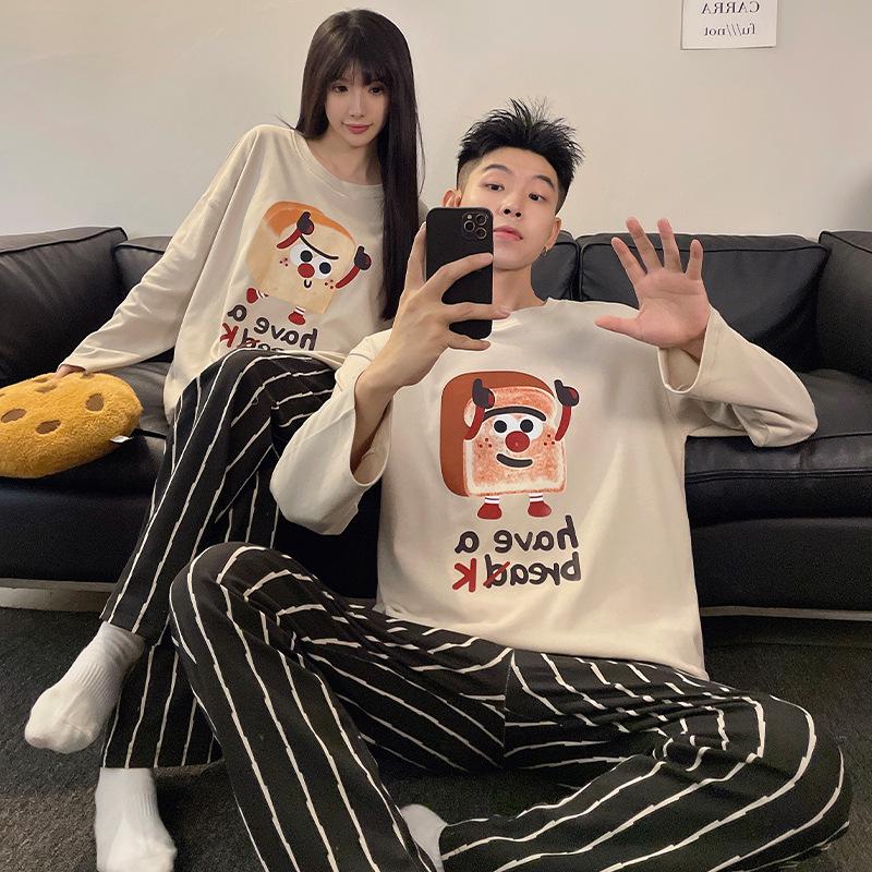 "Women's & Men's Cartoon Pajama Set with Chest Pads – Korean Style Long-Sleeve Home Wear for Autumn & Winter"