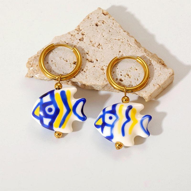 Ceramic Dopamine Fish Starfish Earrings For Women Colorful Vibrant Pendant Youthful Stainless Steel Jewelry Gift
