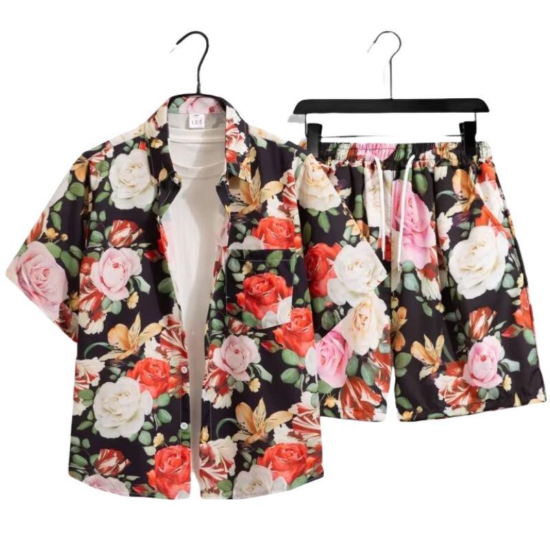 Unisex Summer Ice Silk Quick-Dry Hawaiian Shirt & Shorts Set