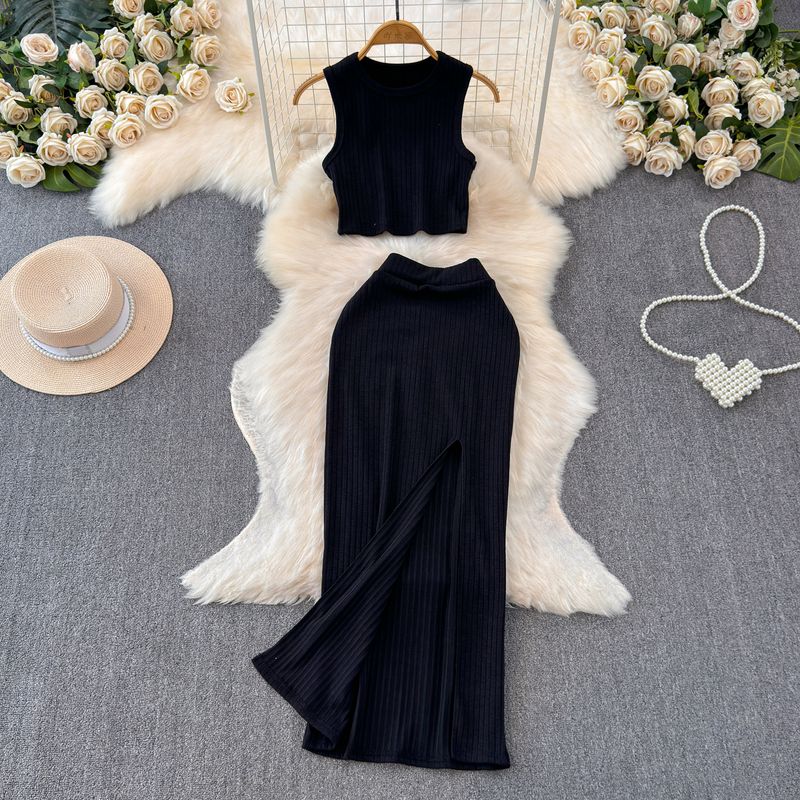 

Elegant Socialite Sleeveless Split Sheath Fashion Suit Black One size