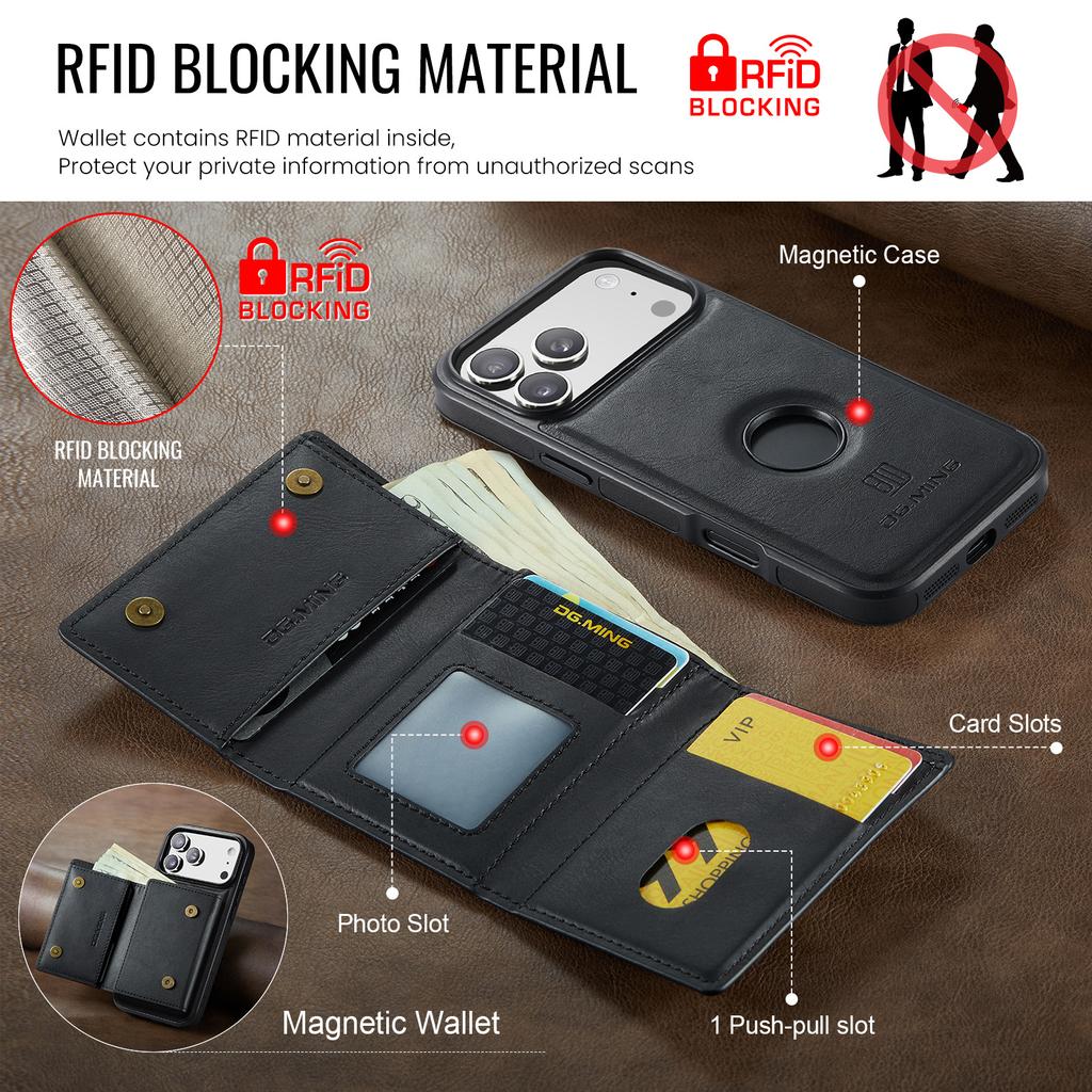 DG.MING M6 Series For iPhone 17 Pro Max Case Magnetic Wallet PU + PC + TPU Phone Cover
