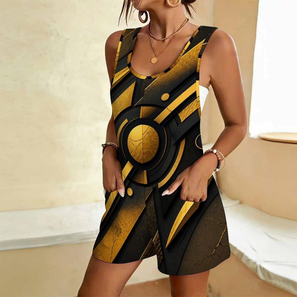 Women Plus Size Sleeveless Scoop Neck Black Gold Geometric Printed Loose Short Romper With Pockets