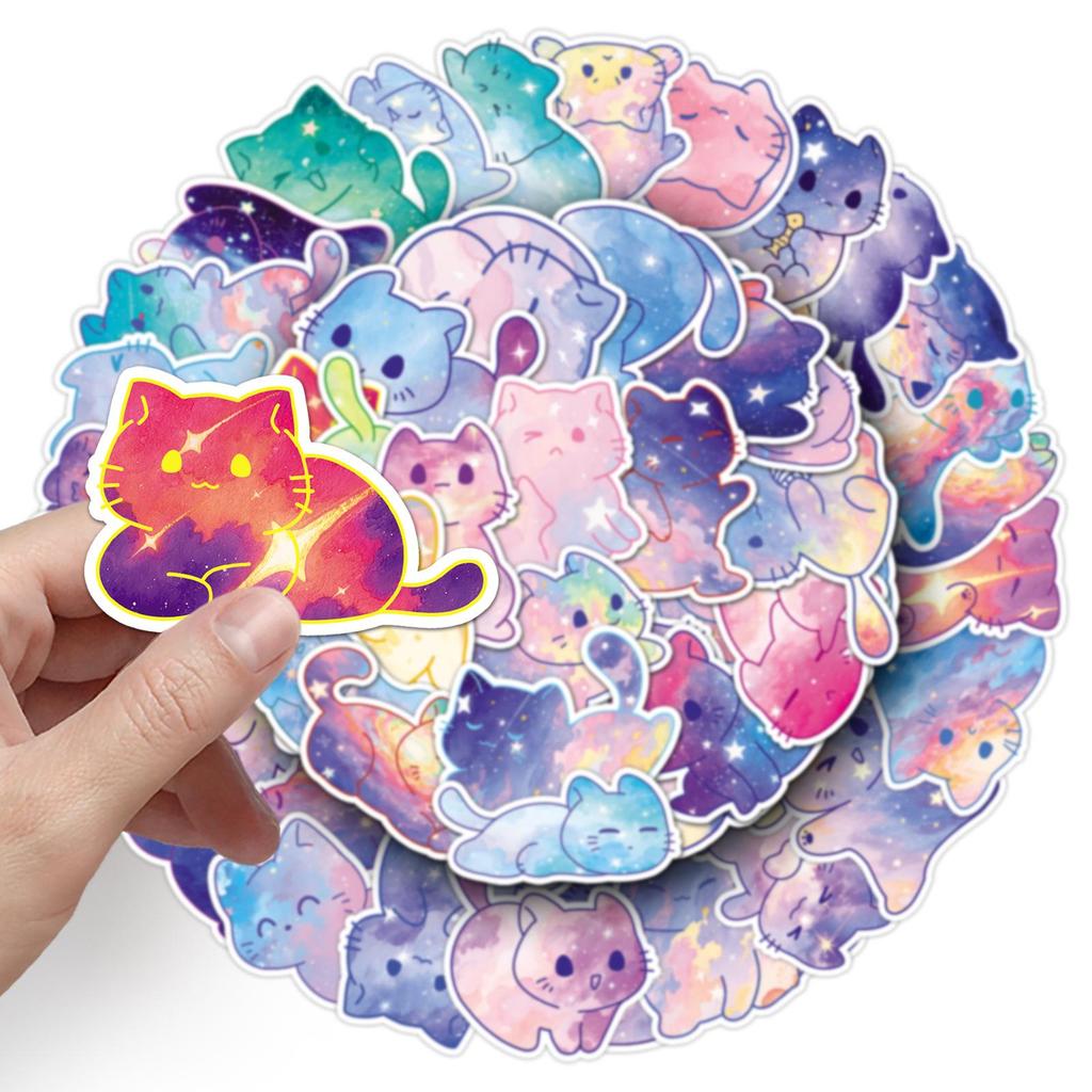 50 Sheets Starry Sky Cat Graffiti Stickers: Hand-Painted Watercolor Kittens for Water Bottles & Journals
