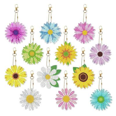 GOODCHI Daisy Diamond Art Fully Glued Bead Painting Handmade DIY Craft Supplies Keychain, Double-Sided Art, 12-Piece Set, Kit, Cute, Sparkly, Popular,