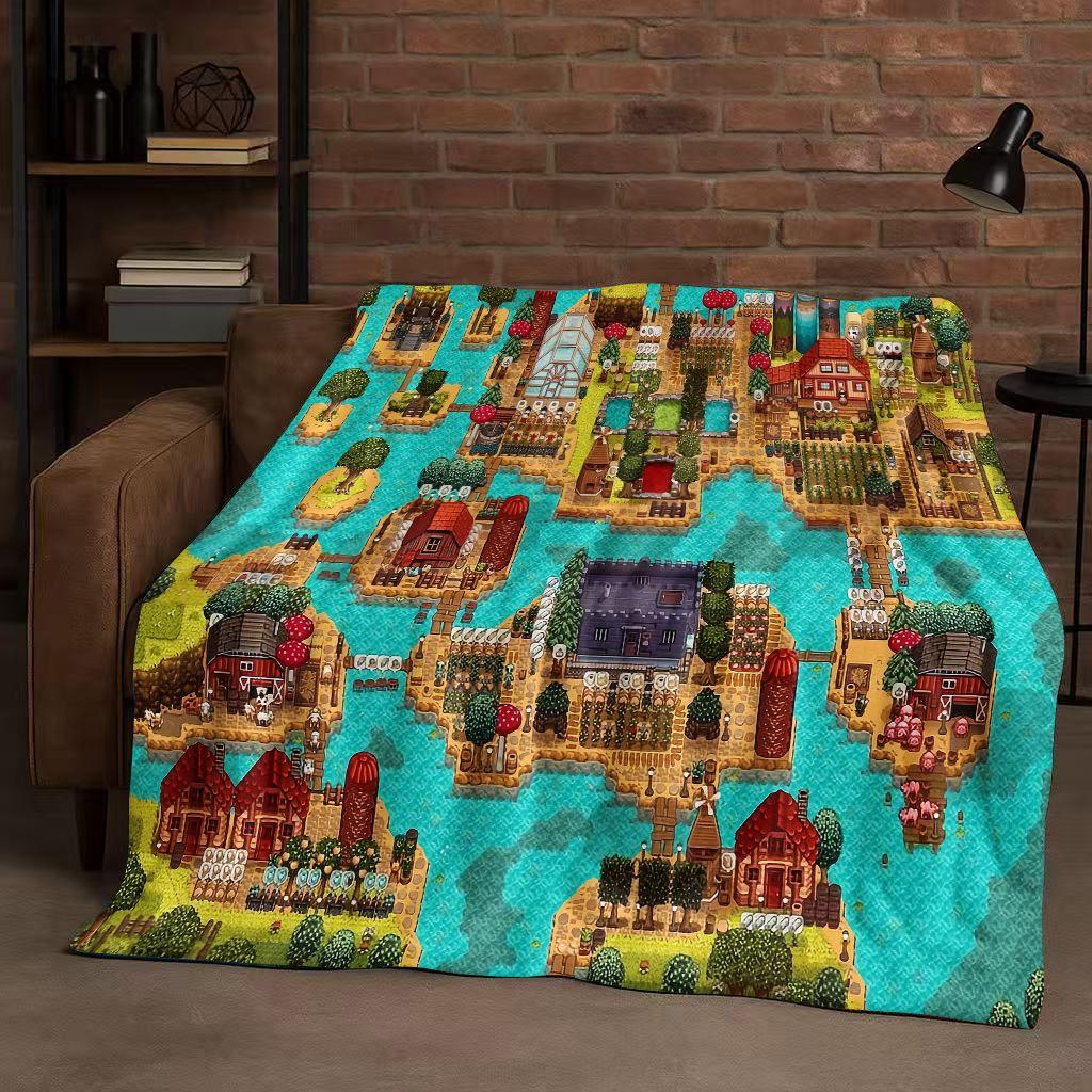 3D Retro Stardew Valley Farm Map Pixel Game Flannel Blanket,Ultra Soft Warm Plush Throw for Home Bedroom Bed Sofa Cover Kid Gift