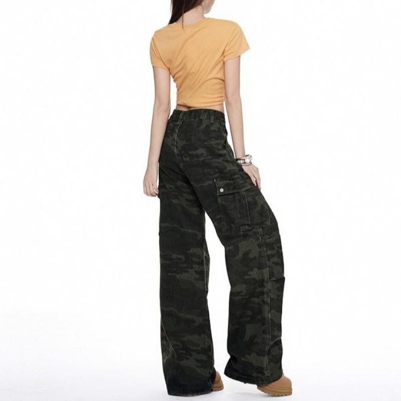 Womens High-Waisted Loose Fit Camo Straight Leg Denim Jeans Streetwear Vintage Style 2026