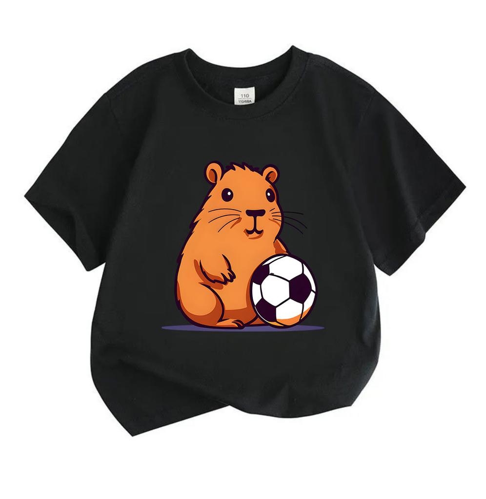 Cute Cartoon Capybara with Soccer Ball Kids T-Shirt 100% Cotton Casual Short Sleeve Round Neck Tee for Boys Girls Soft Breathable Summer Top Daily Pla