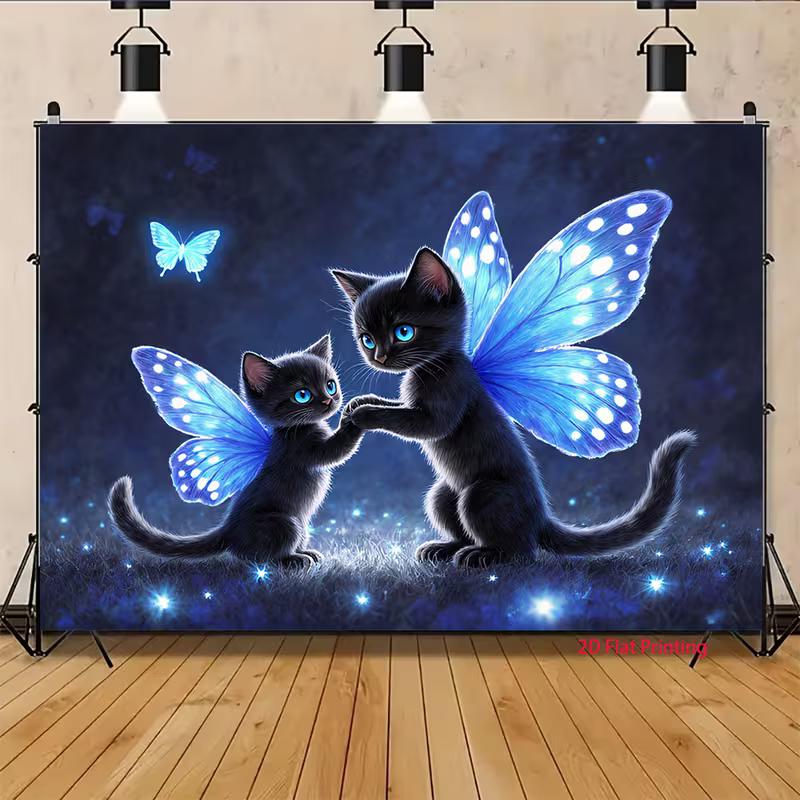 2D Magical Fairy Cats Backdrop Glowing Black Kittens with Wings and Fireflies Party Photo Background