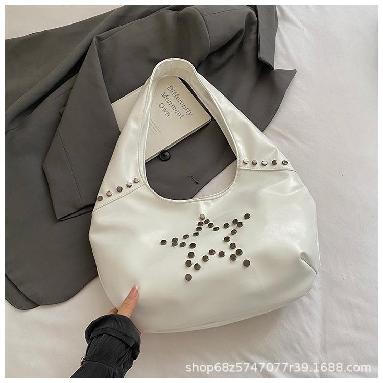 

Niche commuter women s bag 2025 new fashion shoulder bag rivet underarm bag large capacity European and American bucket bag білий