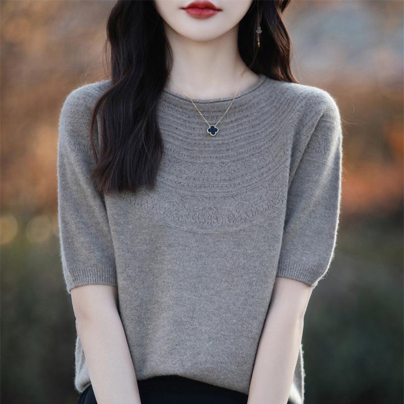 Women's Three Quarter Sleeve Knit Top O Neck Vintage Elegant Sweater