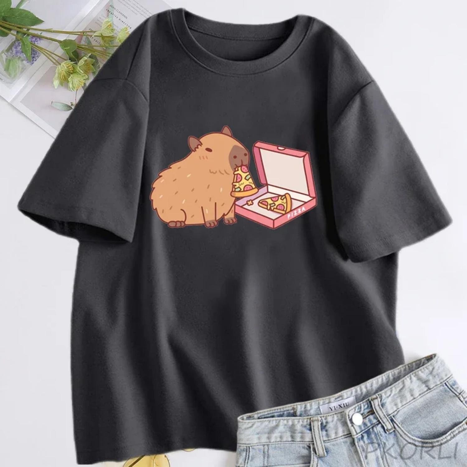 

Funny Capybara Eating Pizza T Shirt Graphic Print Cute T-shirt Womens T-shirt Cotton High Quality T-shirts Clothes Streetwear S чёрный