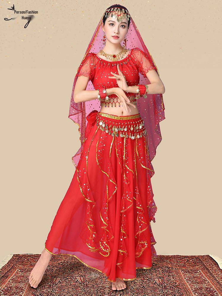 2025 Damen Ethnisches Xinjiang Bauchtanzkostümset - Kurzarm & Langer Rock