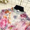 Summer New Pink Flower Print Chiffon Maxi Dress Women Long Lantern Sleeve Tiered Ruffle Long Dress Elegant Party Evening Dress