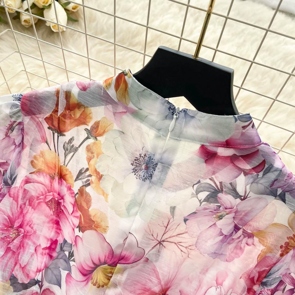 Summer New Pink Flower Print Chiffon Maxi Dress Women Long Lantern Sleeve Tiered Ruffle Long Dress Elegant Party Evening Dress