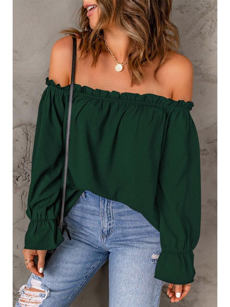 Women's Off-the-Shoulder Chiffon Blouse - European and American Style, Solid Color Pullover for Spring and Autumn, Sexy & Elegant.