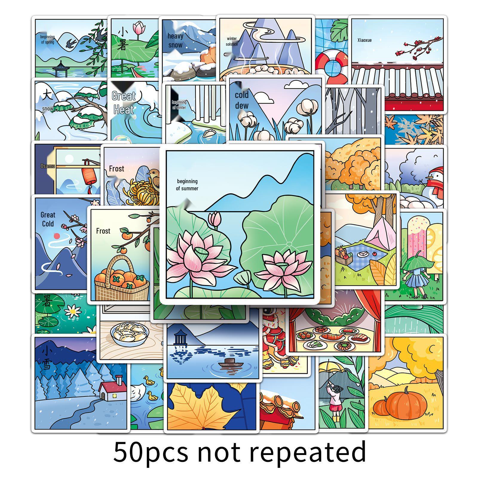24 Solar Terms Ancient Style Waterproof DIY Stickers: 50 Sheets for Phone Cases & Luggage