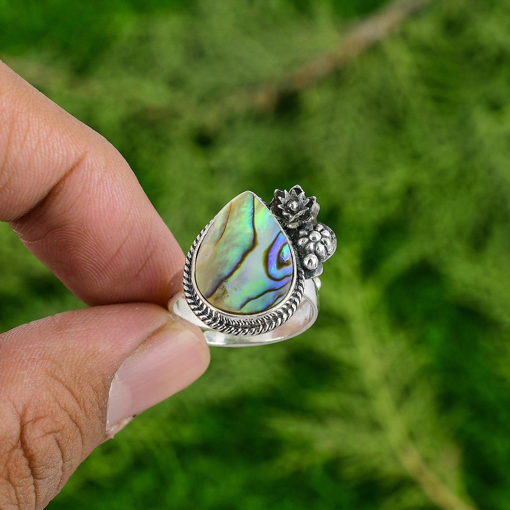 Natural Abalone Shell 925 Silver Statement Flower Adjustable Ring For Girls