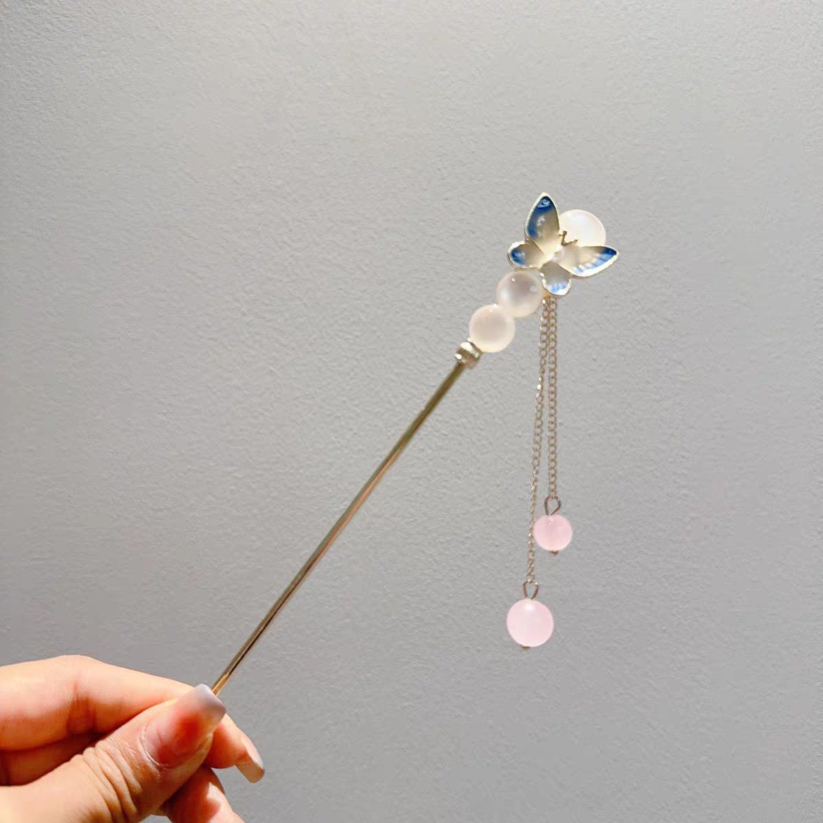 

Женская заколка для волос в древнем стиле с синей бабочкой и кисточкой для ханьфу и ципао